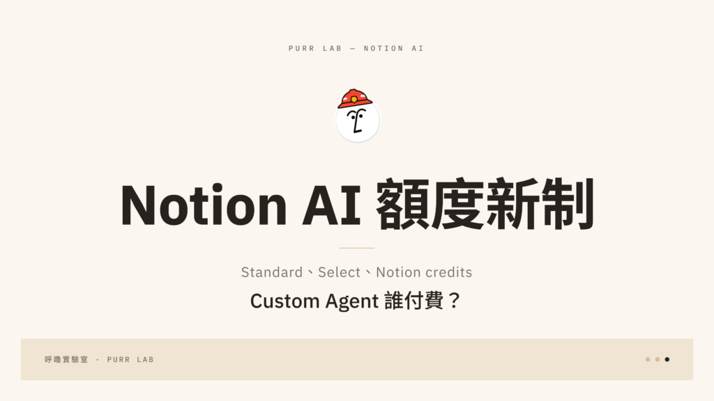 Notion AI 額度新制說明封面：Standard、Select、Notion credits，Custom Agent 誰付費