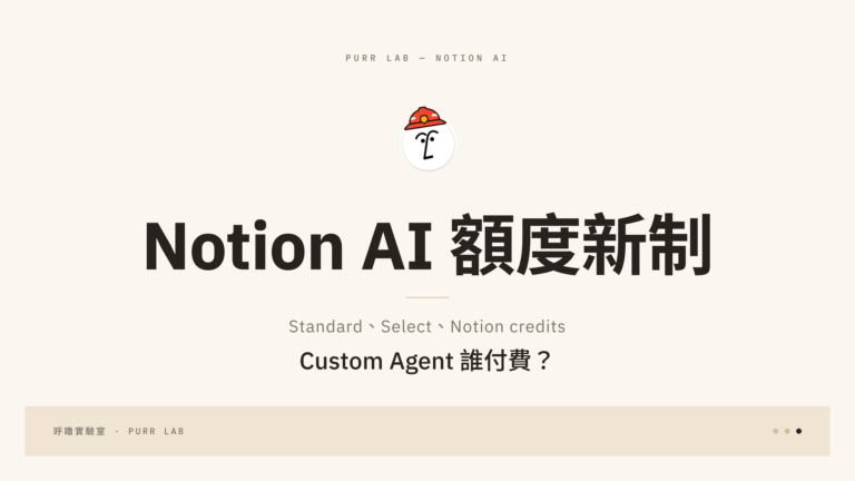 Notion AI 額度新制說明封面：Standard、Select、Notion credits，Custom Agent 誰付費