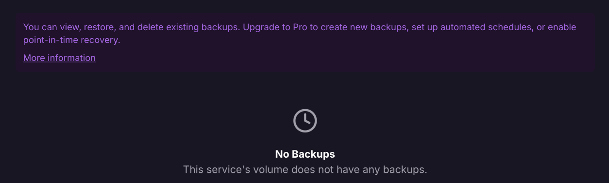 Railway Hobby 方案的 Backups 分頁提示升級 Pro 才能建立備份