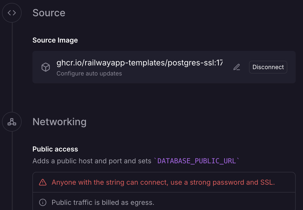 Railway Postgres 服務設定：Source Image 改成 postgres-ssl:17，下方是 Public access 設定