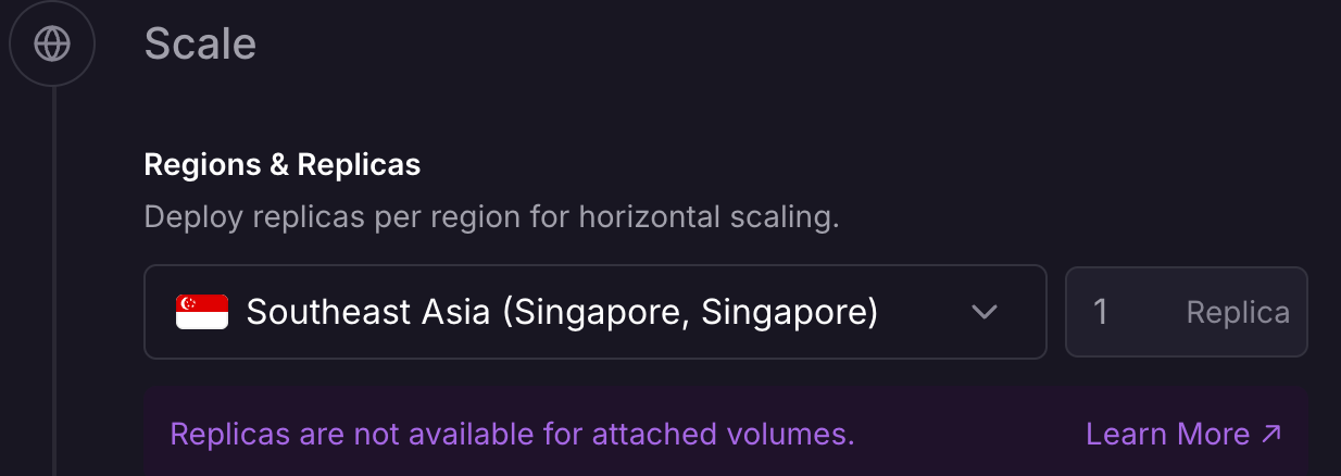 Railway 服務設定的 Regions 選擇 Southeast Asia (Singapore)